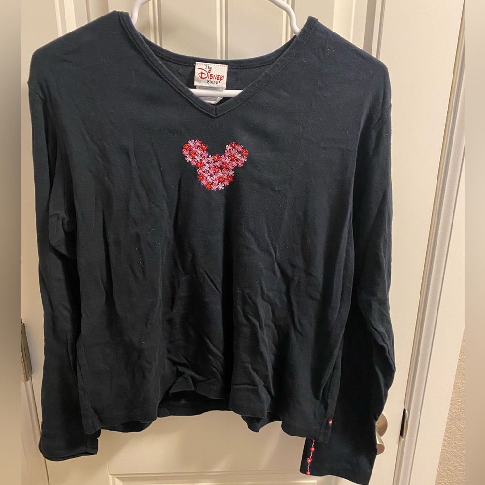 Disney Store L Top Black Flower Mickey Mouse Embroidered Shirt Long Sleeve Lg